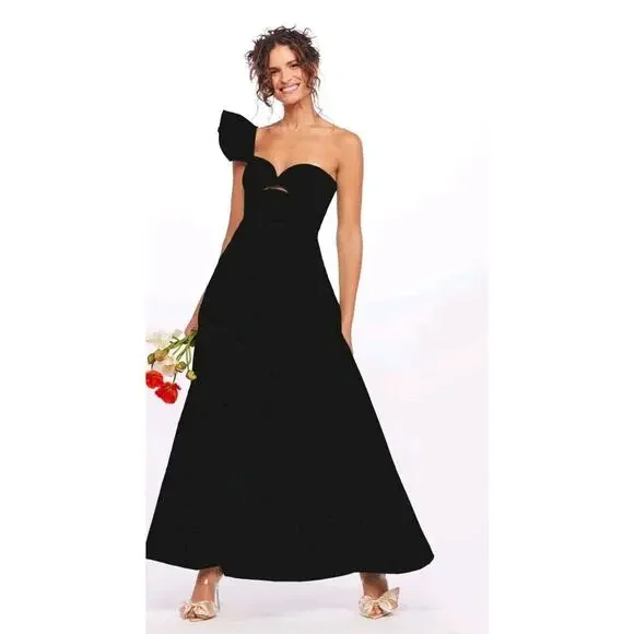 Eva Franco One-Shoulder Pleated Black Size 8 Cotton Midi Dress - Picture 2 of 8